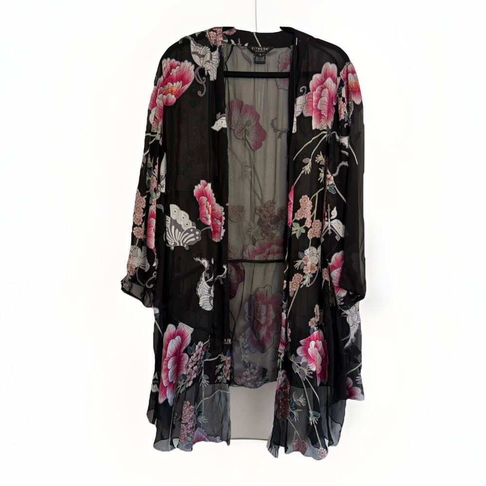 Citron Santa Monica Womens 1X Silk Blend Floral Kimono Jacket Sheer Boho